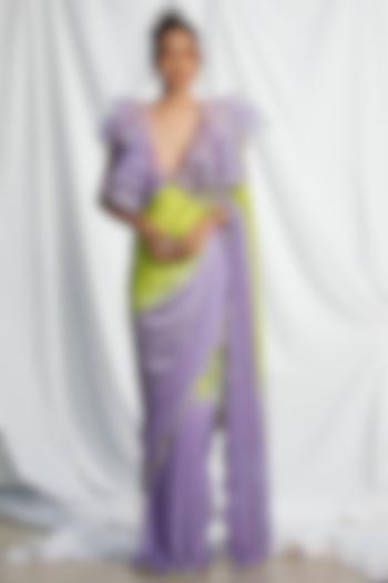 Lavender & Neon Bemberg Satin Scalloped Party Wear Saree Set by Pooja Bagaria at Pernia's Pop Up Shop
