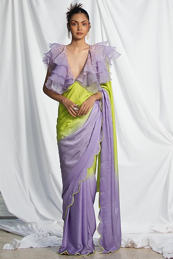 Lavender & Neon Bemberg Satin Scalloped Party Wear Saree Set by Pooja Bagaria at Pernia's Pop Up Shop