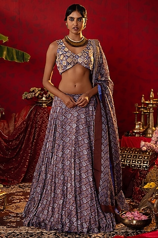 Blue Natural Satin Linen Ajrakh Printed Lehenga Set by Pooja Bagaria