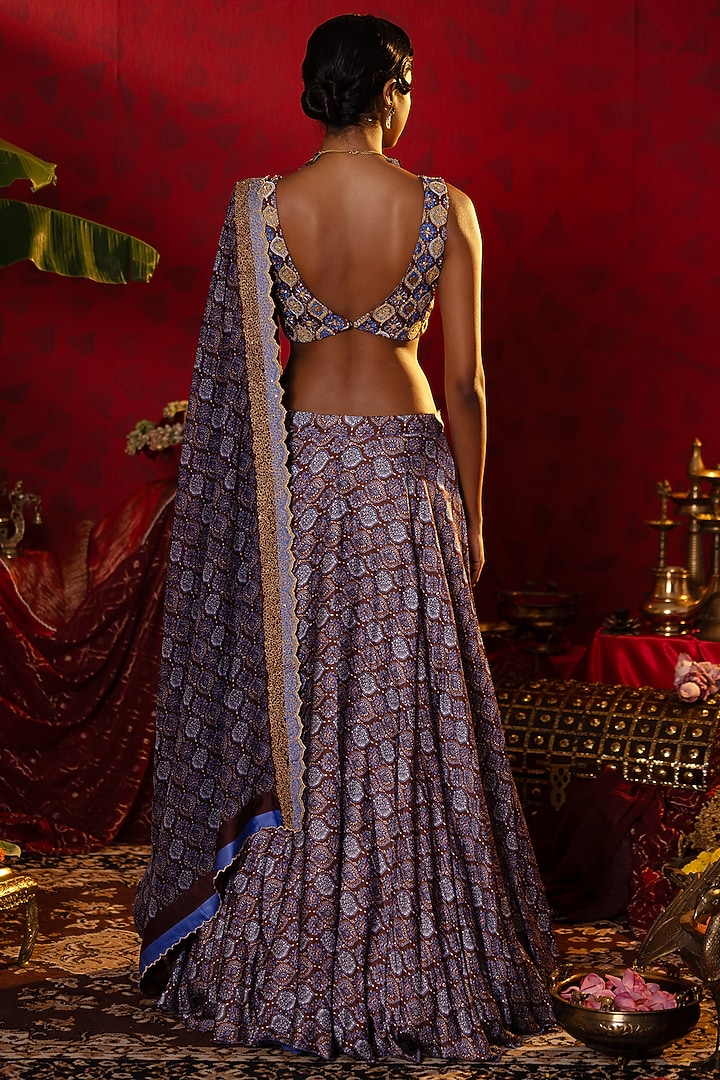 Blue Natural Satin Linen Ajrakh Printed Wedding Lehenga Set by Pooja Bagaria at Pernia's Pop Up Shop