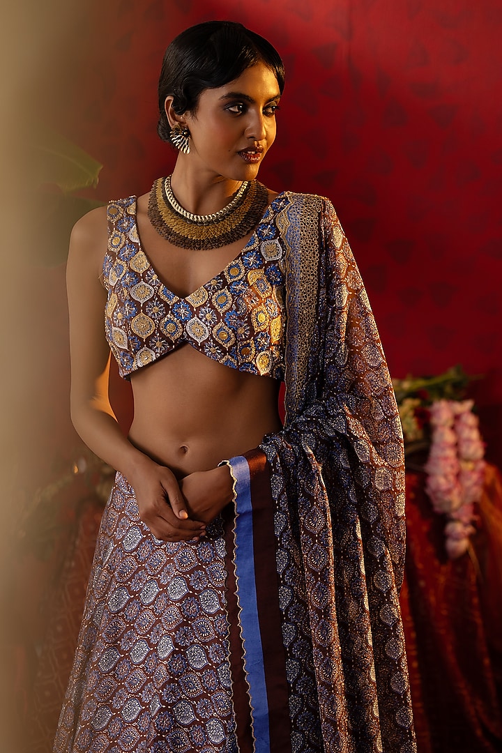 Blue Natural Satin Linen Ajrakh Printed Wedding Lehenga Set by Pooja Bagaria at Pernia's Pop Up Shop