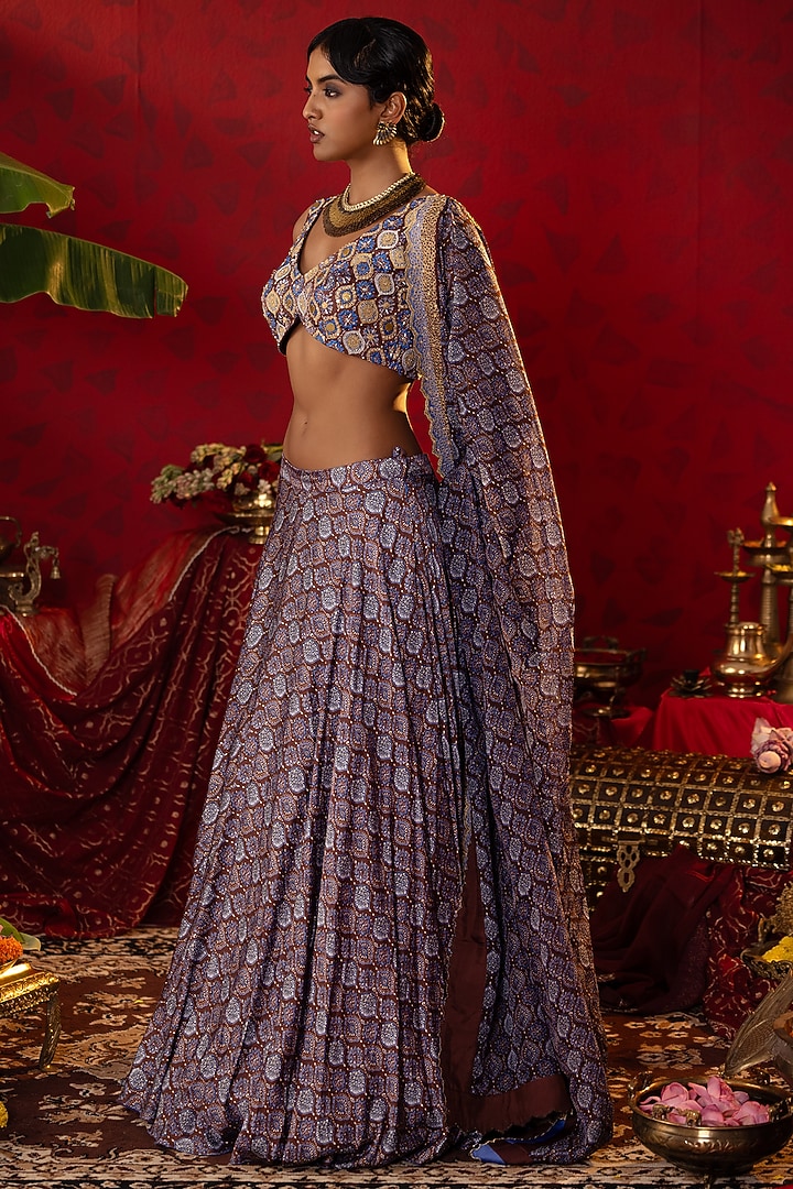 Blue Natural Satin Linen Ajrakh Printed Wedding Lehenga Set by Pooja Bagaria at Pernia's Pop Up Shop