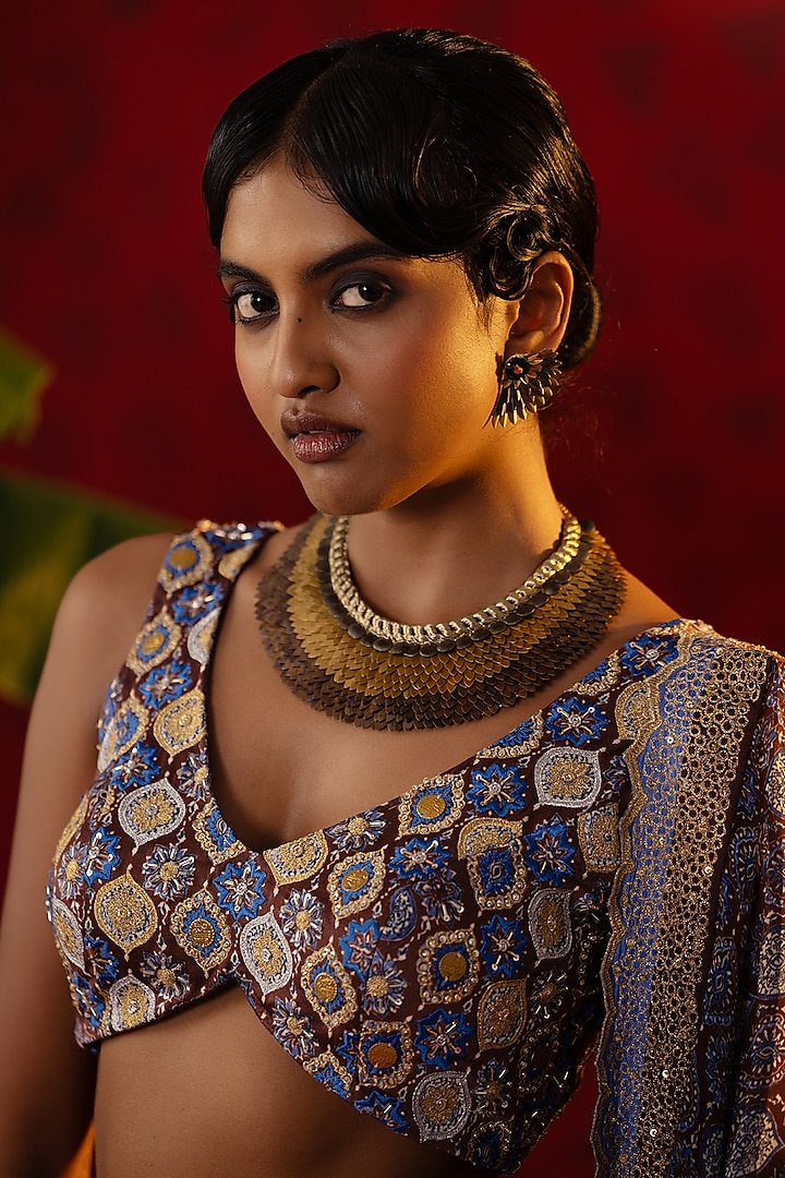 Blue Natural Satin Linen Ajrakh Printed Wedding Lehenga Set by Pooja Bagaria at Pernia's Pop Up Shop