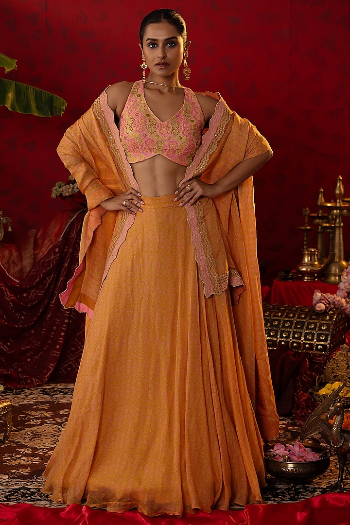 Pink & Gold Natural Satin Linen Ajrakh Printed Lehenga Set by Pooja Bagaria