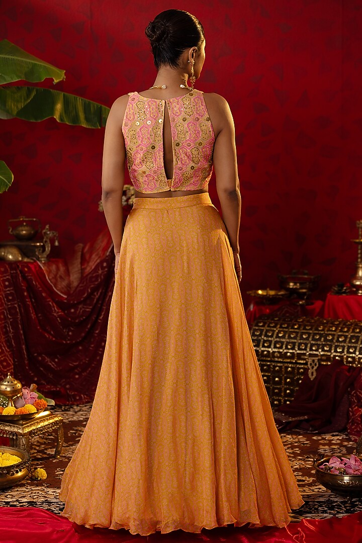 Pink & Gold Natural Satin Linen Ajrakh Printed Wedding Lehenga Set by Pooja Bagaria at Pernia's Pop Up Shop