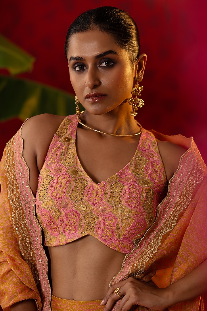 Pink & Gold Natural Satin Linen Ajrakh Printed Wedding Lehenga Set by Pooja Bagaria at Pernia's Pop Up Shop