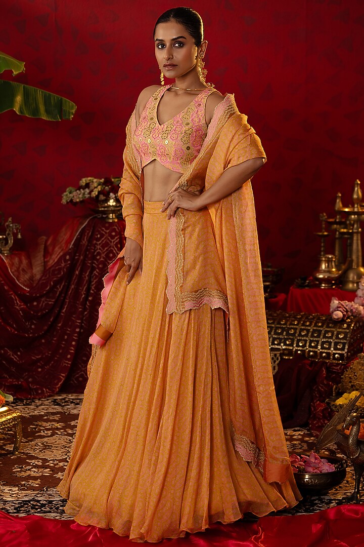 Pink & Gold Natural Satin Linen Ajrakh Printed Wedding Lehenga Set by Pooja Bagaria at Pernia's Pop Up Shop