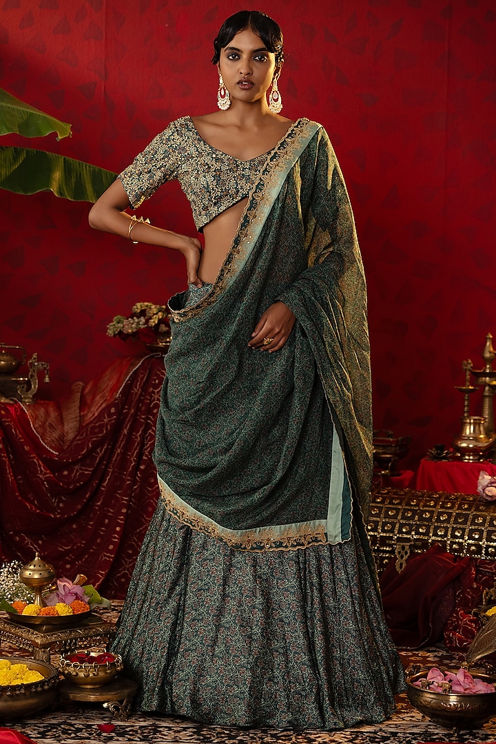 Emerald Green Natural Satin Linen Ajrakh Printed Lehenga Set by Pooja Bagaria