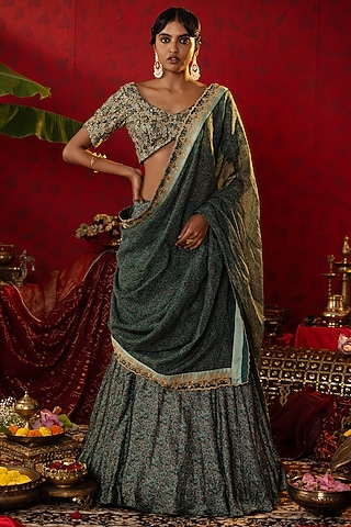 Emerald Green Natural Satin Linen Ajrakh Printed Lehenga Set by Pooja Bagaria