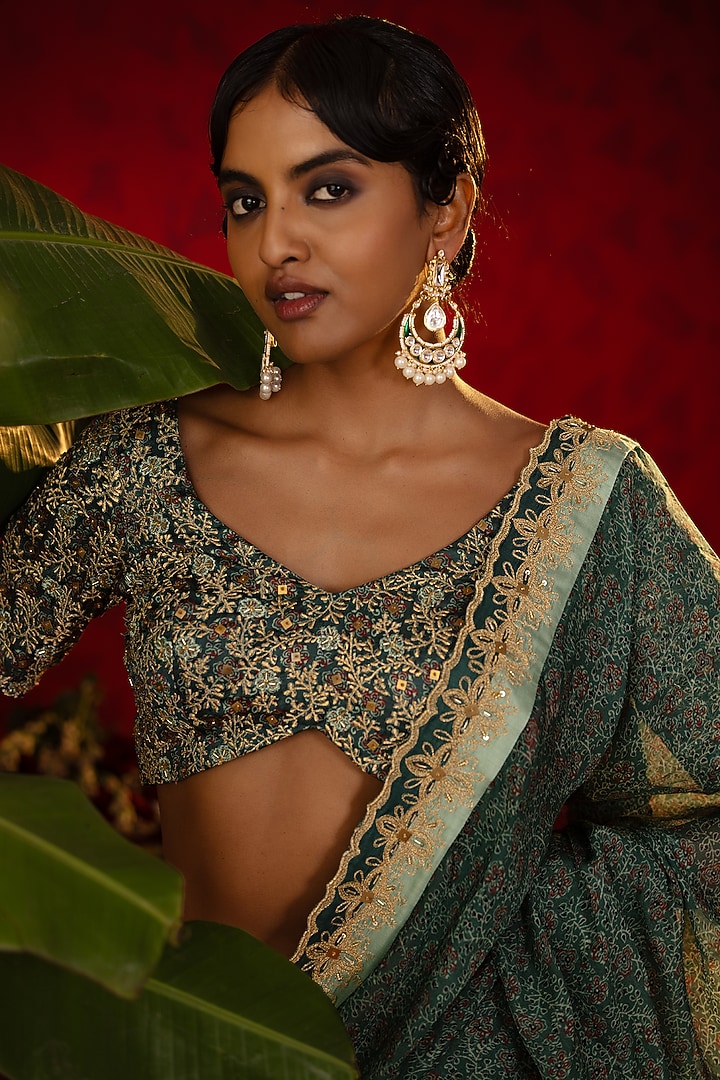 Emerald Green Natural Satin Linen Ajrakh Printed Wedding Lehenga Set by Pooja Bagaria at Pernia's Pop Up Shop
