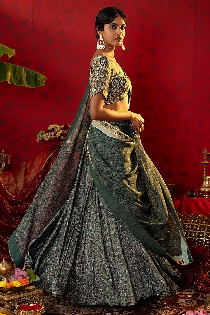 Emerald Green Natural Satin Linen Ajrakh Printed Wedding Lehenga Set by Pooja Bagaria at Pernia's Pop Up Shop