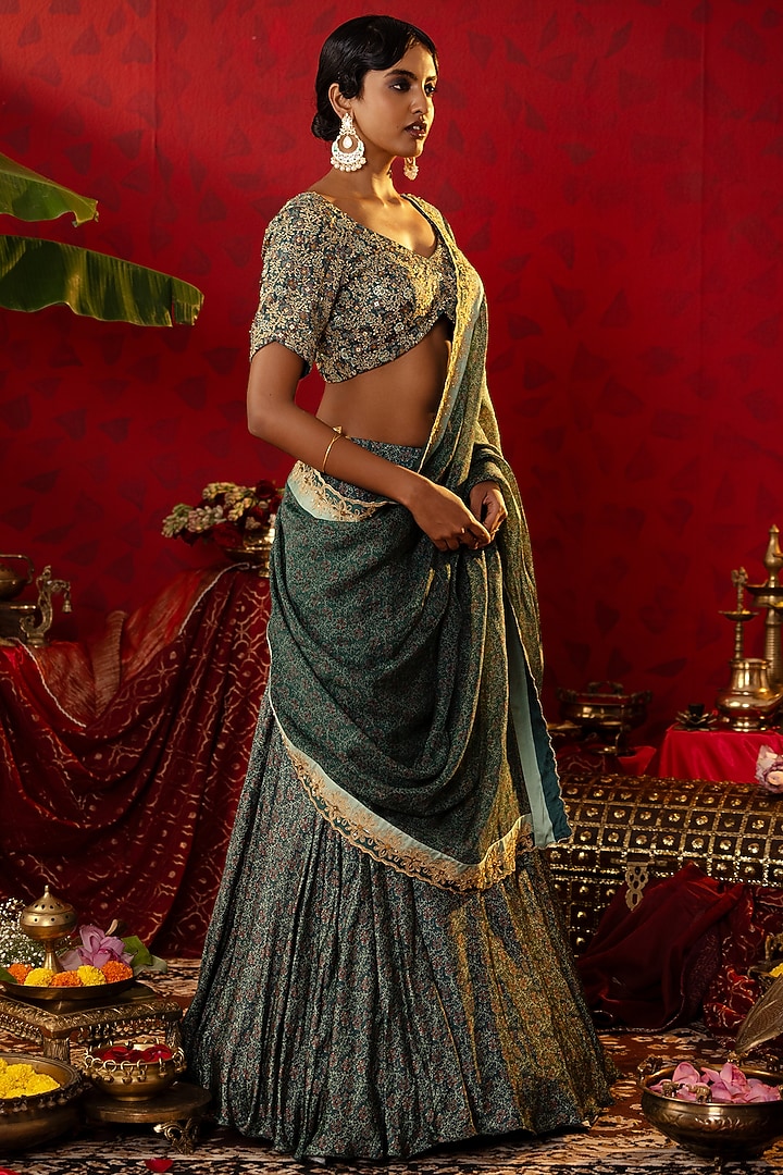 Emerald Green Natural Satin Linen Ajrakh Printed Wedding Lehenga Set by Pooja Bagaria at Pernia's Pop Up Shop