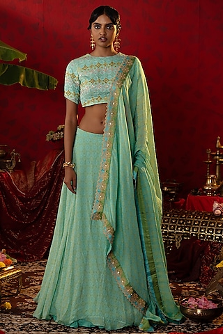 Turquoise Blue Natural Satin Linen Ajrakh Printed Lehenga Set by Pooja Bagaria