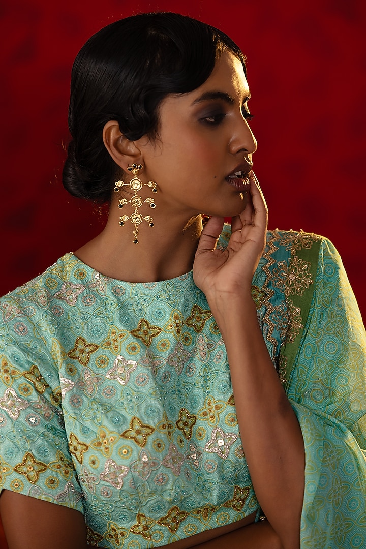 Turquoise Blue Natural Satin Linen Ajrakh Printed Wedding Lehenga Set by Pooja Bagaria at Pernia's Pop Up Shop