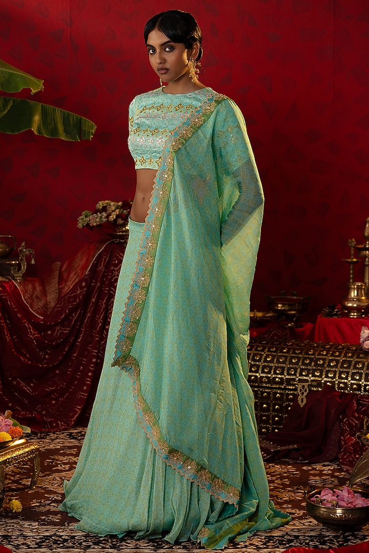 Turquoise Blue Natural Satin Linen Ajrakh Printed Wedding Lehenga Set by Pooja Bagaria at Pernia's Pop Up Shop
