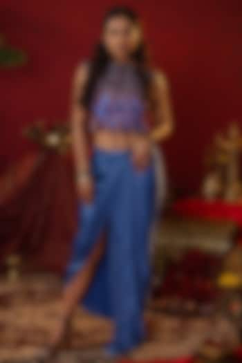 Blue Natural Linen Draped Skirt Set by Pooja Bagaria at Pernia's Pop Up Shop