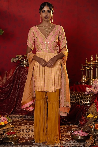 Pink & Gold Natural Satin Linen Sharara Set by Pooja Bagaria