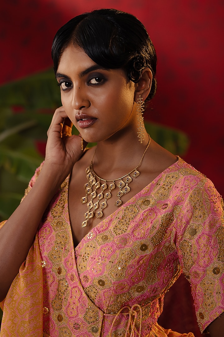 Pink & Gold Natural Satin Linen Wedding Sharara Set by Pooja Bagaria at Pernia's Pop Up Shop