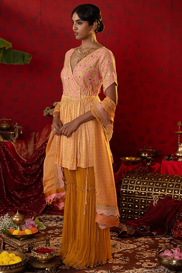 Pink & Gold Natural Satin Linen Wedding Sharara Set by Pooja Bagaria at Pernia's Pop Up Shop