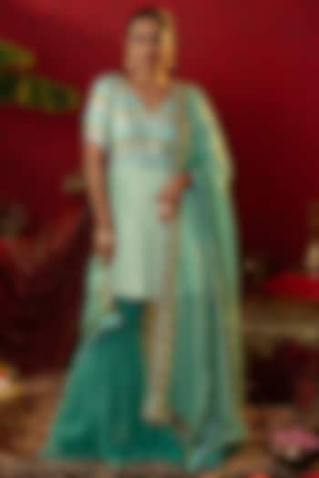 Turquoise Blue Natural Satin Linen Embellished Angrakha Set by Pooja Bagaria at Pernia's Pop Up Shop