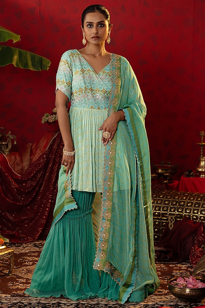 Turquoise Blue Natural Satin Linen Embellished Angrakha Set by Pooja Bagaria at Pernia's Pop Up Shop