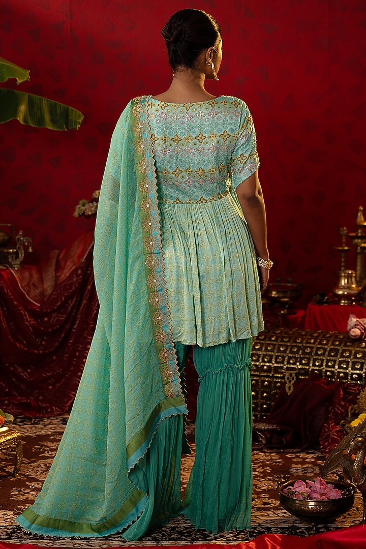 Turquoise Blue Natural Satin Linen Embellished Angrakha Set by Pooja Bagaria at Pernia's Pop Up Shop