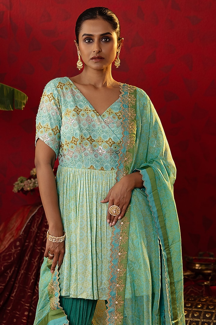 Turquoise Blue Natural Satin Linen Embellished Angrakha Set by Pooja Bagaria at Pernia's Pop Up Shop