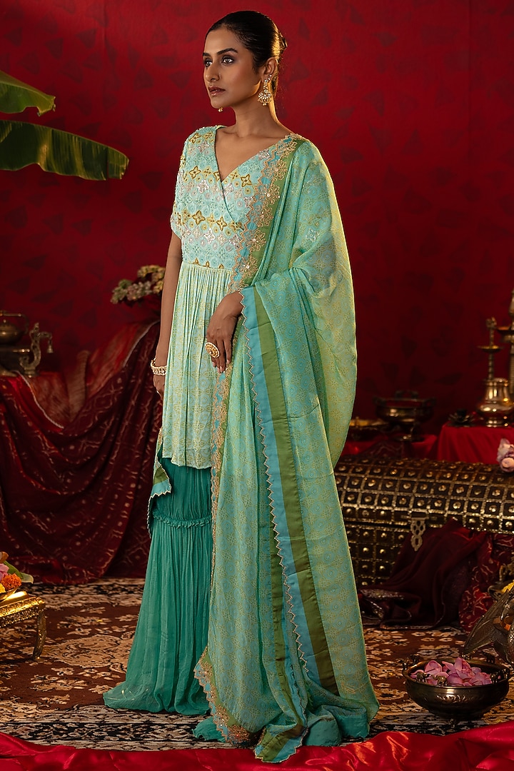 Turquoise Blue Natural Satin Linen Embellished Angrakha Set by Pooja Bagaria at Pernia's Pop Up Shop
