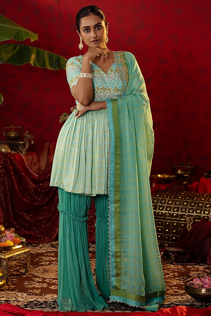 Turquoise Blue Natural Satin Linen Embellished Angrakha Set by Pooja Bagaria at Pernia's Pop Up Shop