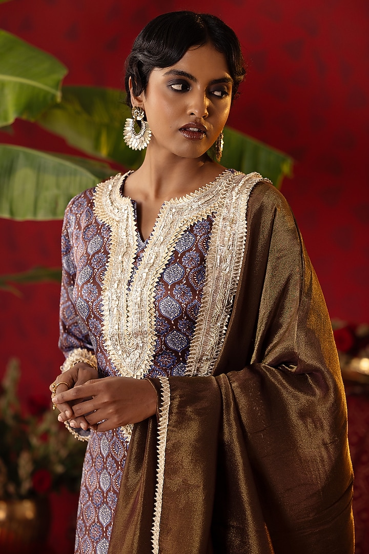Sapphire Blue Natural Satin Linen Gota Work Kurta Set by Pooja Bagaria at Pernia's Pop Up Shop