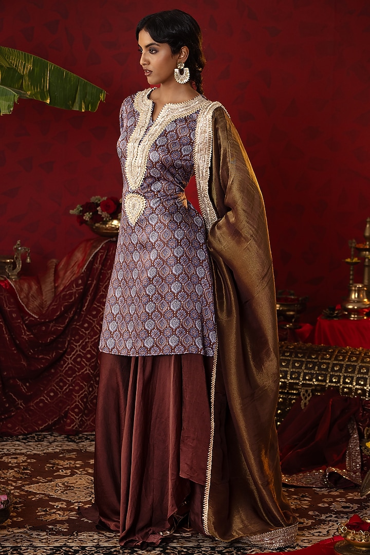 Sapphire Blue Natural Satin Linen Gota Work Kurta Set by Pooja Bagaria at Pernia's Pop Up Shop