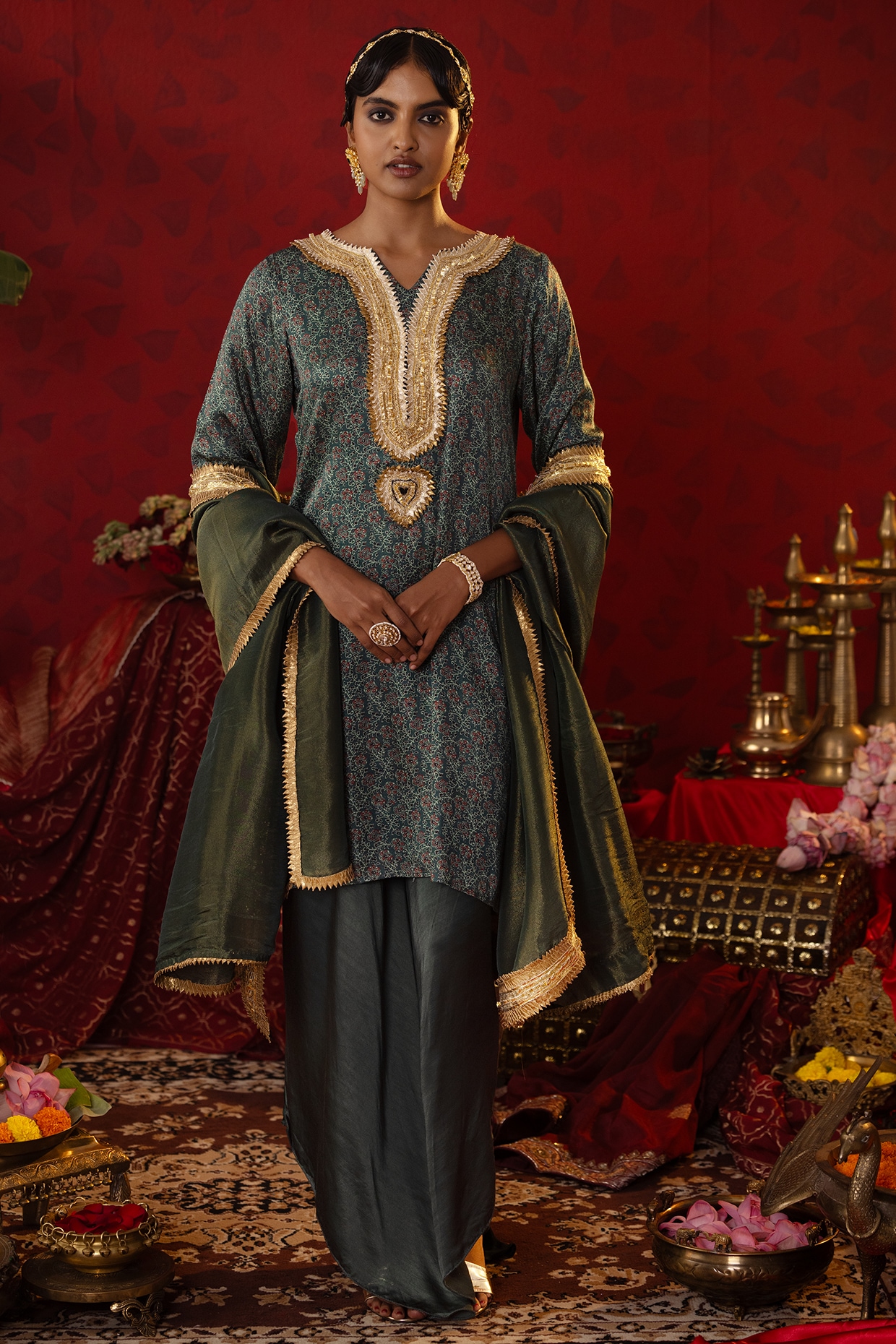AQUA ORGANZA SLEEVE GOTA WORK KURTA SET