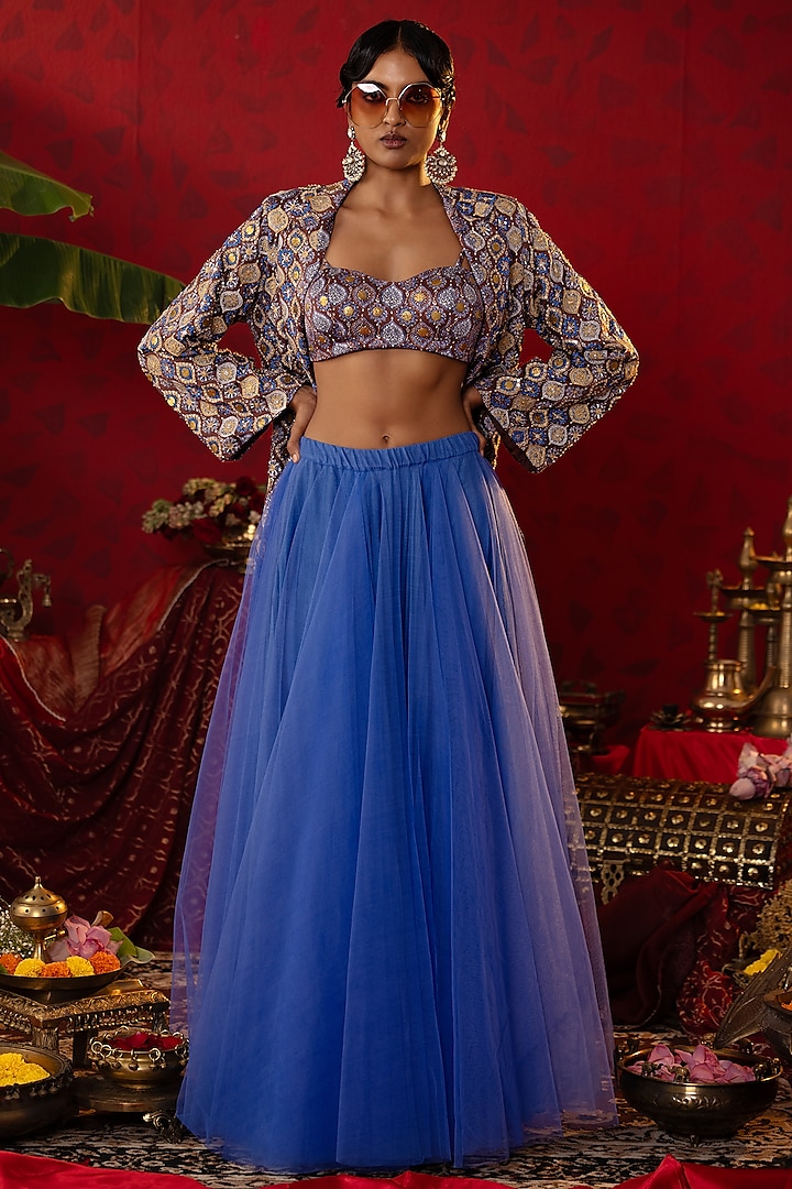 Sapphire Blue Tulle Net Skirt Set by Pooja Bagaria at Pernia's Pop Up Shop