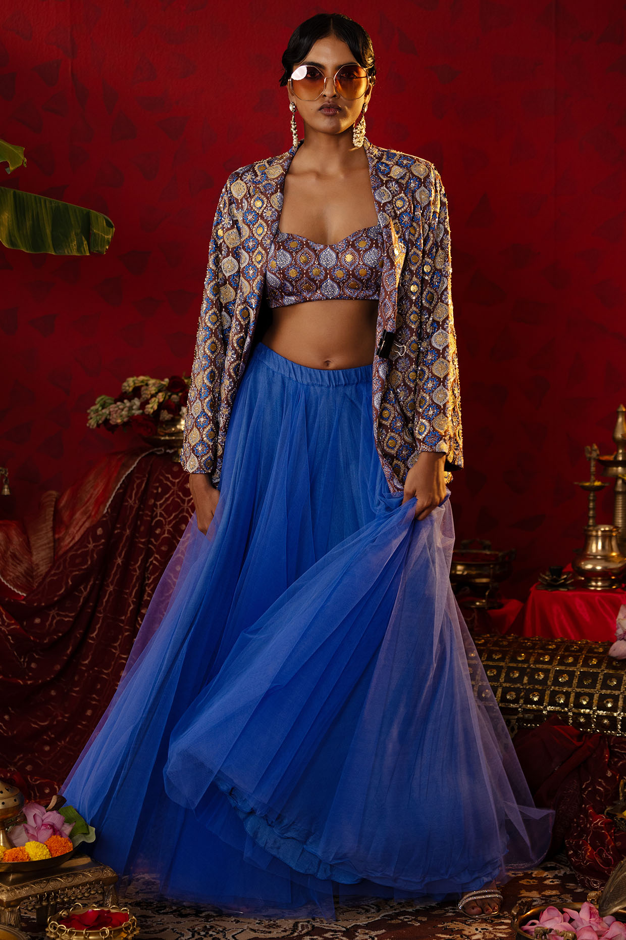 Sapphire Blue Tulle Net Skirt Set by Pooja Bagaria at Pernia's Pop