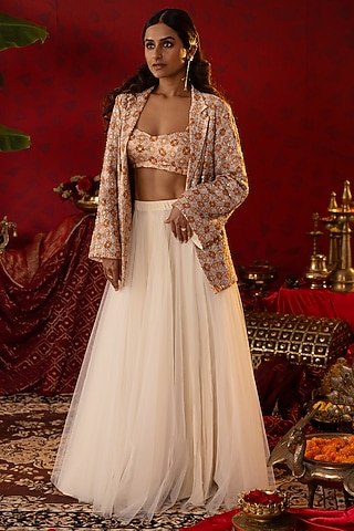 Off-White Tulle Net Skirt Set by Pooja Bagaria