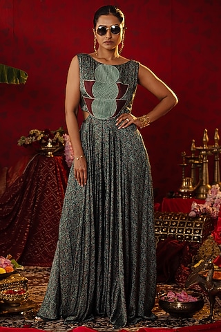 Emerald Green Natural Linen Ajrakh Printed Flowy Jumpsuit by Pooja Bagaria