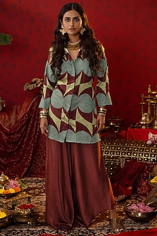 Green Natural Tissue Ajrakh Printed Shirt Kurta Set by Pooja Bagaria