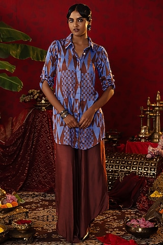 Blue Natural Tissue Ajrakh Printed Shirt Kurta Set by Pooja Bagaria