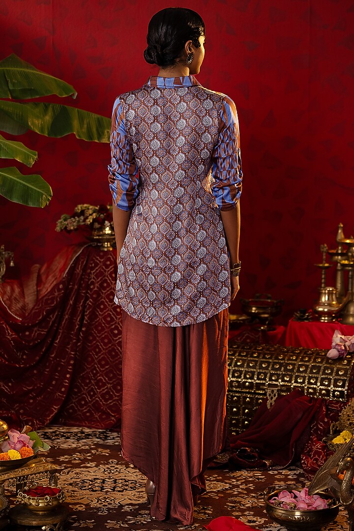 Blue Natural Tissue Ajrakh Printed Shirt Kurta Set by Pooja Bagaria at Pernia's Pop Up Shop