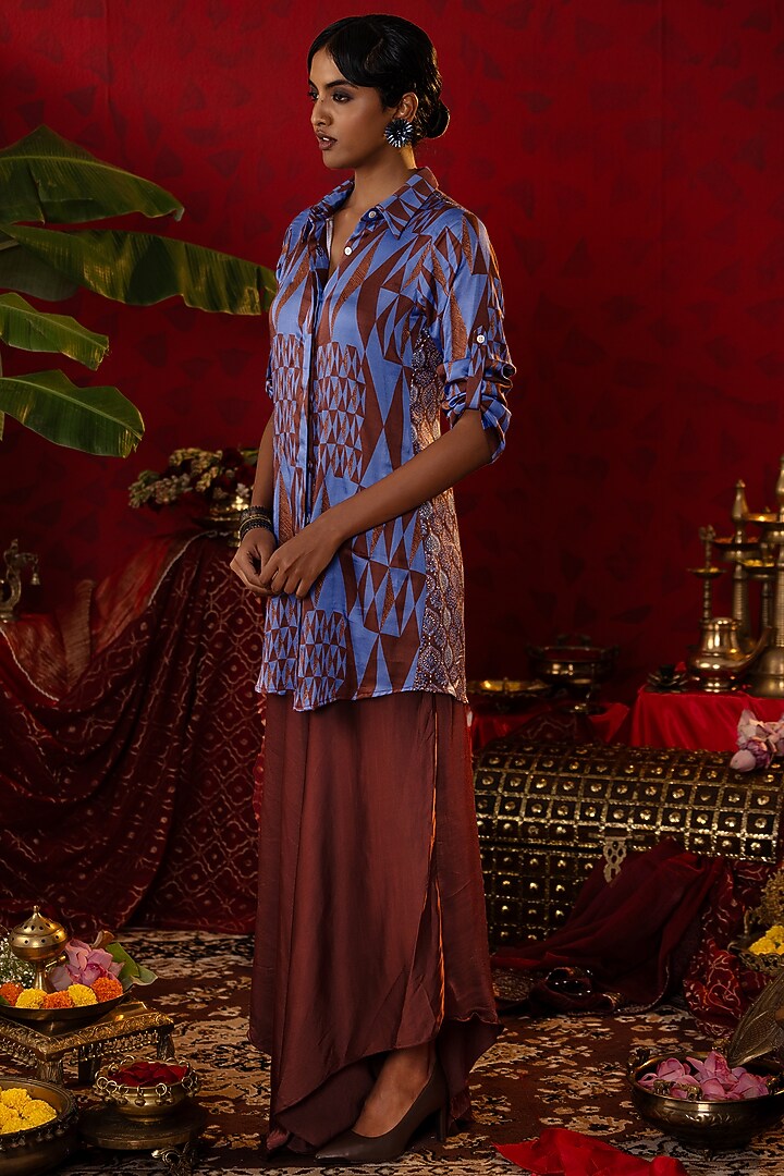 Blue Natural Tissue Ajrakh Printed Shirt Kurta Set by Pooja Bagaria at Pernia's Pop Up Shop