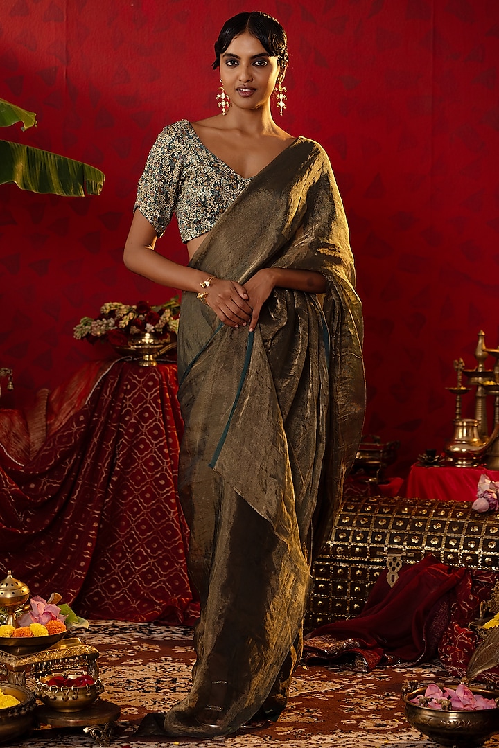 Pure Green Natural Tissue Pre-Stitched Saree Set by Pooja Bagaria at Pernia's Pop Up Shop