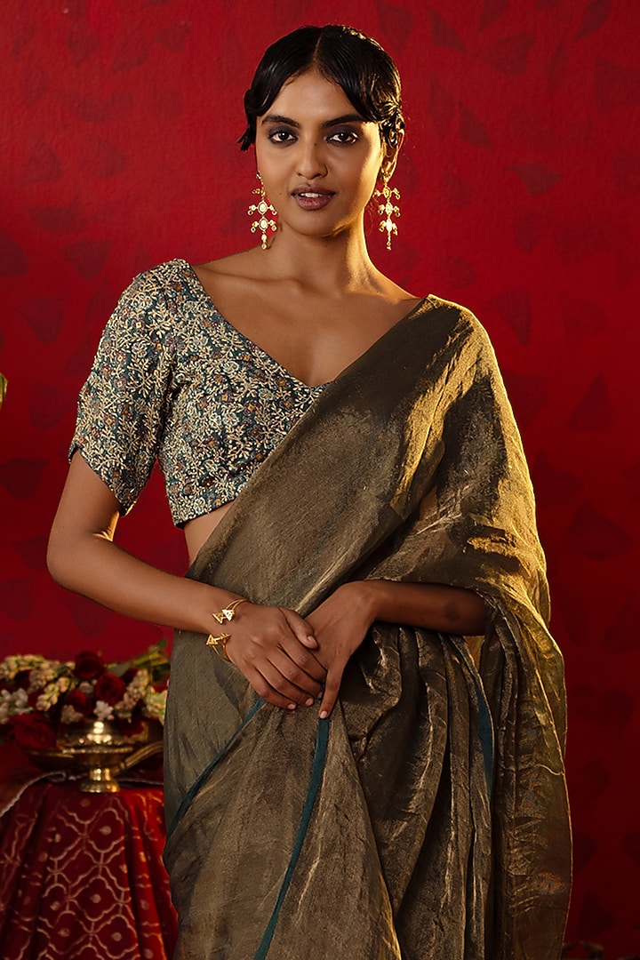 Pure Green Natural Tissue Pre-Stitched Party Wear Saree Set by Pooja Bagaria at Pernia's Pop Up Shop