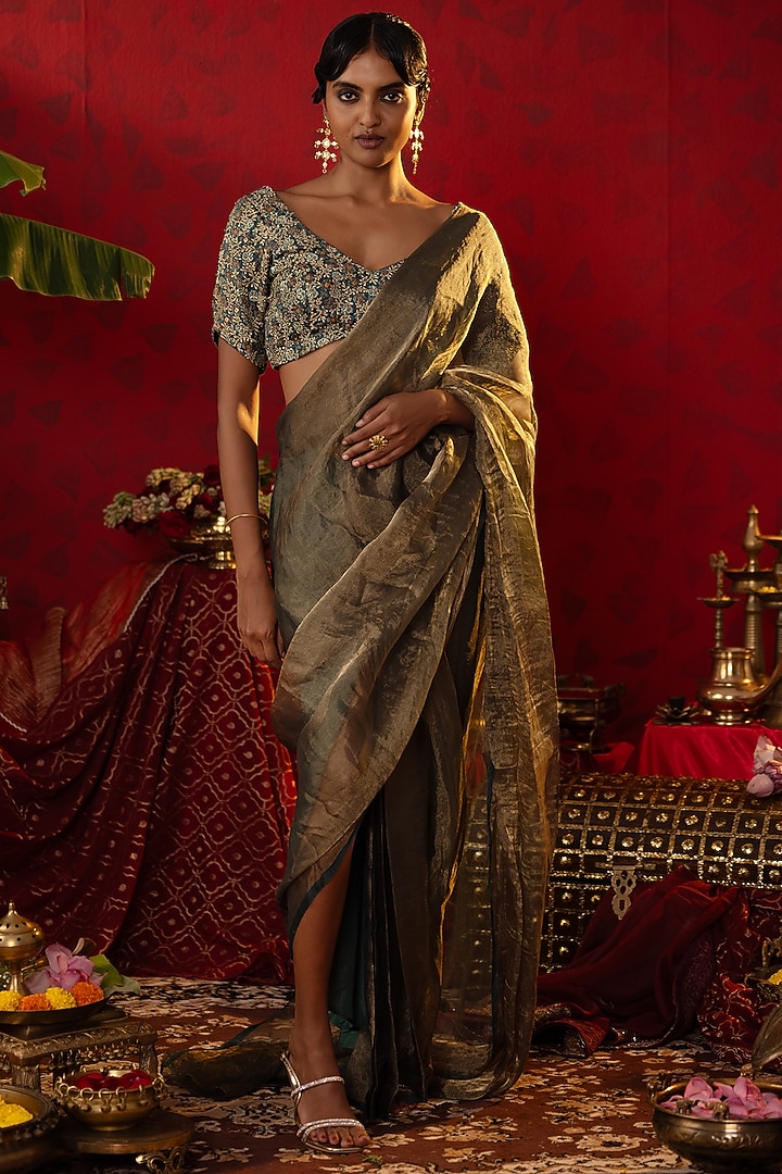 Pure Green Natural Tissue Pre-Stitched Party Wear Saree Set by Pooja Bagaria at Pernia's Pop Up Shop