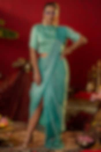 Light Blue Natural Tissue Pre-Stitched Draped Saree Set by Pooja Bagaria at Pernia's Pop Up Shop