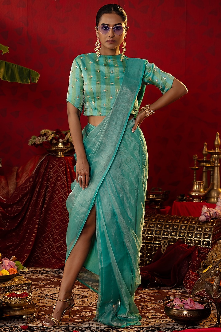 Light Blue Natural Tissue Pre-Stitched Draped Saree Set by Pooja Bagaria at Pernia's Pop Up Shop