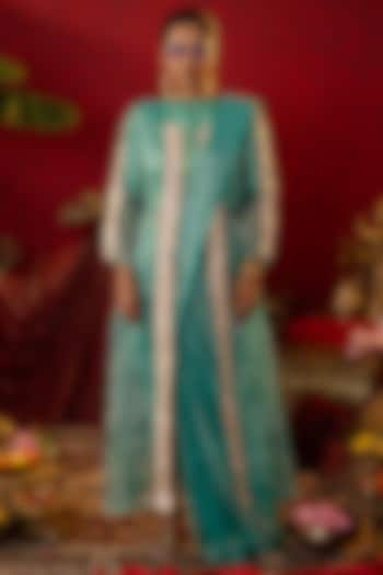 Light Blue Natural Tissue Pre-Stitched Draped Saree Set by Pooja Bagaria at Pernia's Pop Up Shop