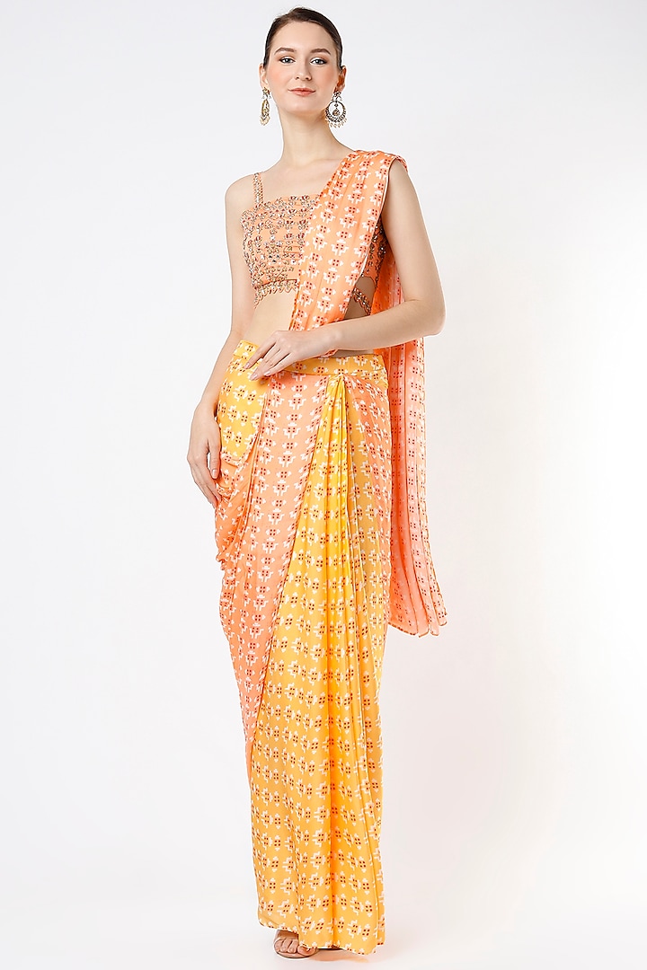 Citrus Yellow & Peach Printed Pre-Stitched Saree Set by Poornima NS
