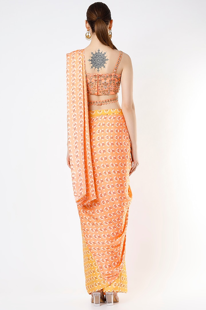 Citrus Yellow & Peach Printed Pre-Stitched Party Wear Saree Set by Poornima NS at Pernia's Pop Up Shop