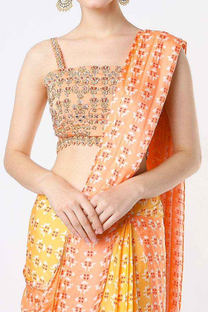 Citrus Yellow & Peach Printed Pre-Stitched Party Wear Saree Set by Poornima NS at Pernia's Pop Up Shop