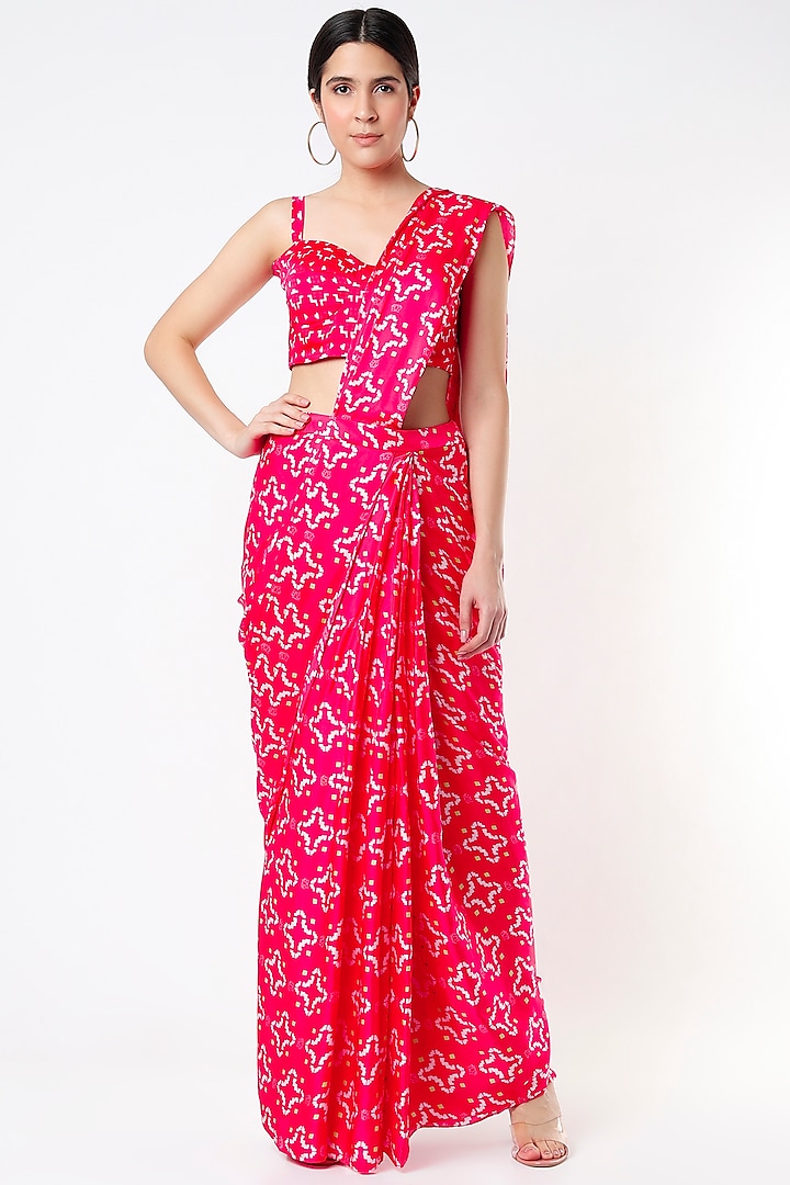 Pink Printed Pre-Stitched Saree Set by Poornima NS